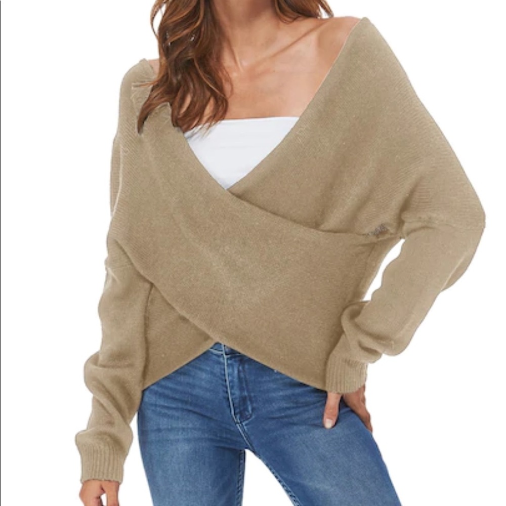 🧡SOLD🧡Crisscross V Neck Sweater Tan/Brown - Picture 1 of 5